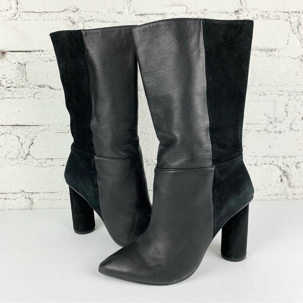 42 Gold Kolby Black Leather Suede Pointed Toe Heeled Booties 8.5
